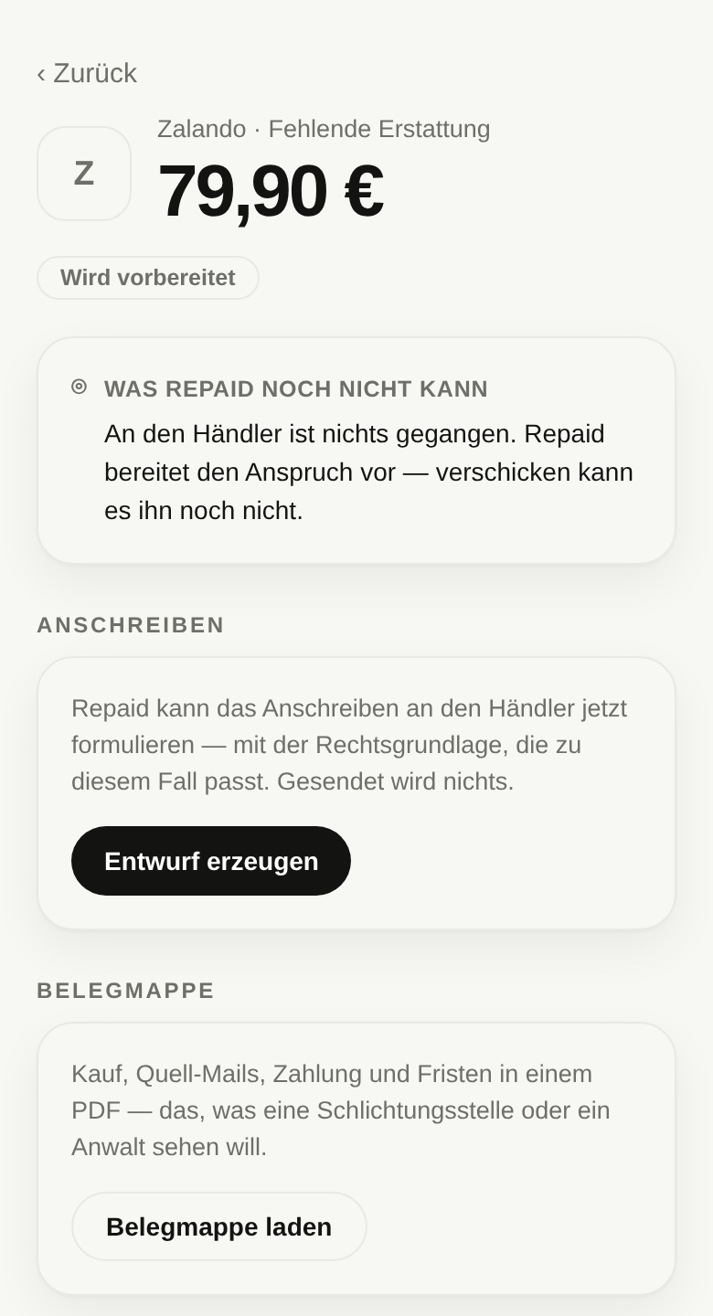 Fallansicht in der Repaid-App: Zalando, fehlende Erstattung über 79,90 €, Status „Wird vorbereitet“. Darunter der Kasten „Was Repaid noch nicht kann — an den Händler ist nichts gegangen. Repaid bereitet den Anspruch vor, verschicken kann es ihn noch nicht.“ Danach der Abschnitt „Anschreiben“ mit der Schaltfläche „Entwurf erzeugen“ und der Abschnitt „Belegmappe“ mit der Schaltfläche „Belegmappe laden“.