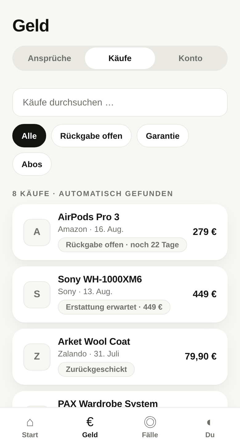 Bildschirmaufnahme der Repaid-App: „8 Käufe · automatisch gefunden“ — AirPods Pro 3 von Amazon für 279 € mit noch 22 Tagen Rückgabefrist, Sony-Kopfhörer für 449 €, für die eine Erstattung erwartet wird, und ein bereits zurückgeschickter Mantel von Zalando für 79,90 €.